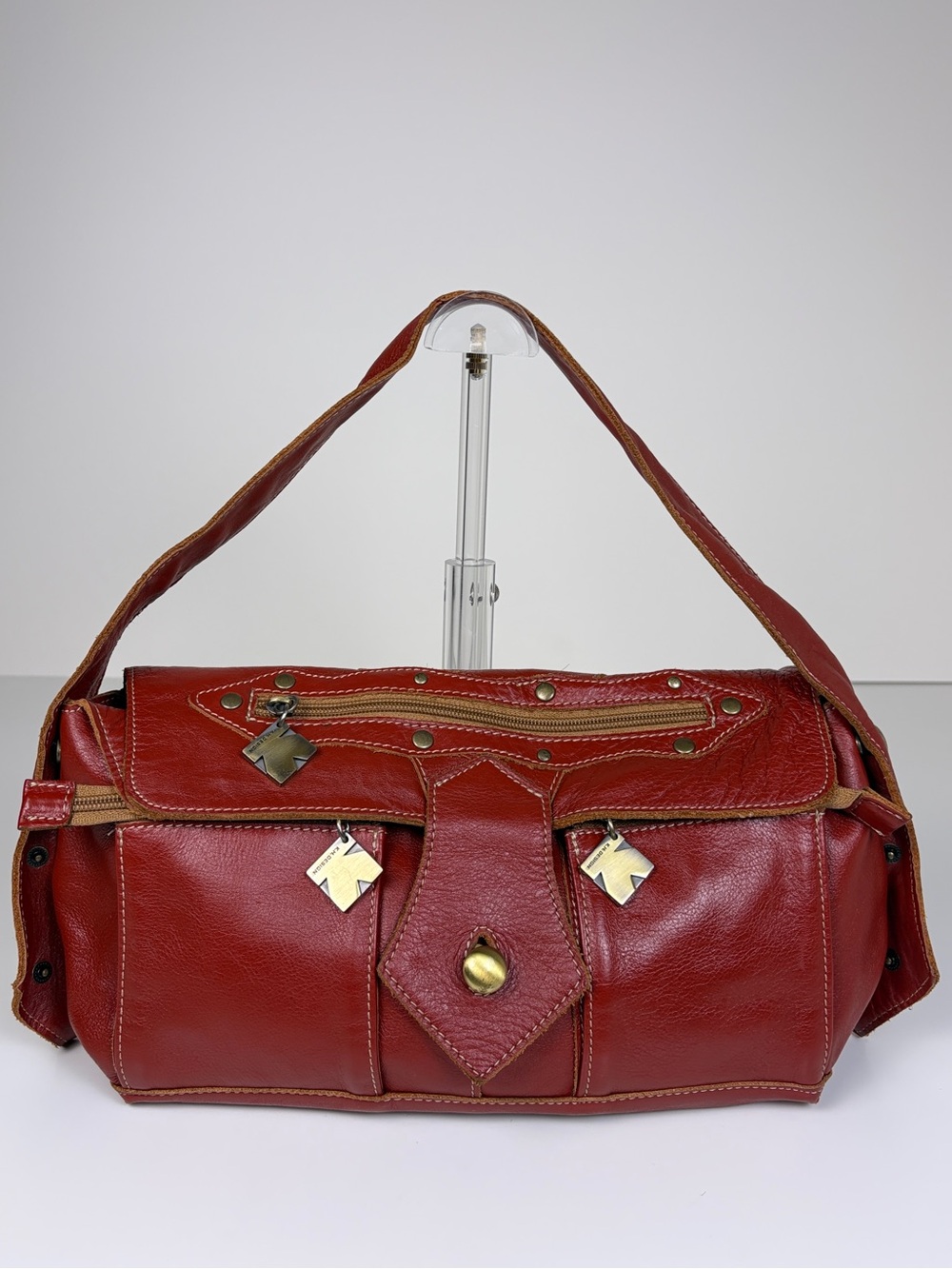 KH Design WD350 Red Leather Multi Pocket Shoulder Bag